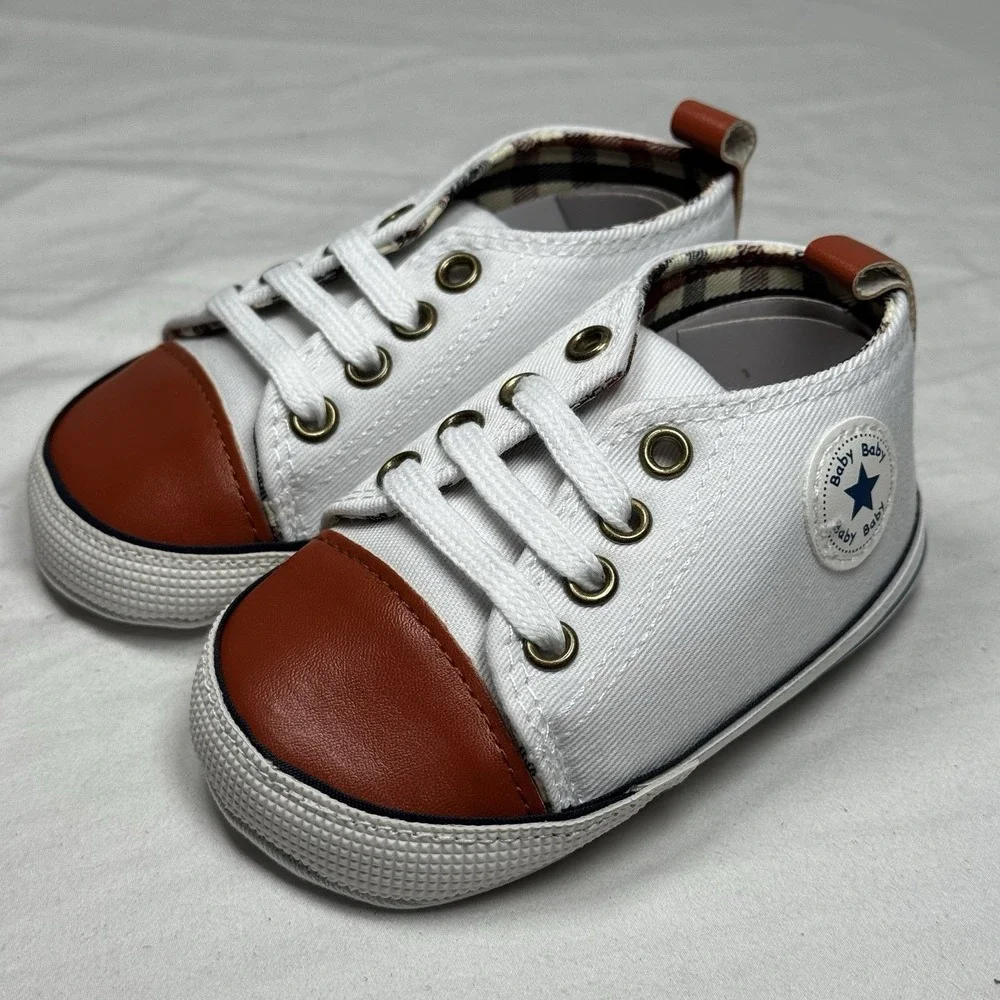 Baby Sneakers Toddler US 2 White Brown Lace‎ Up Soft Sole Casual Shoes